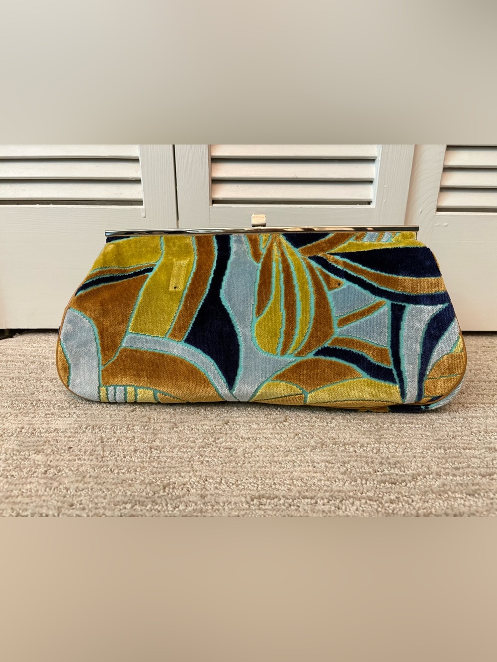 Glenda Gies Angelina navy/gold chenille mod clutch